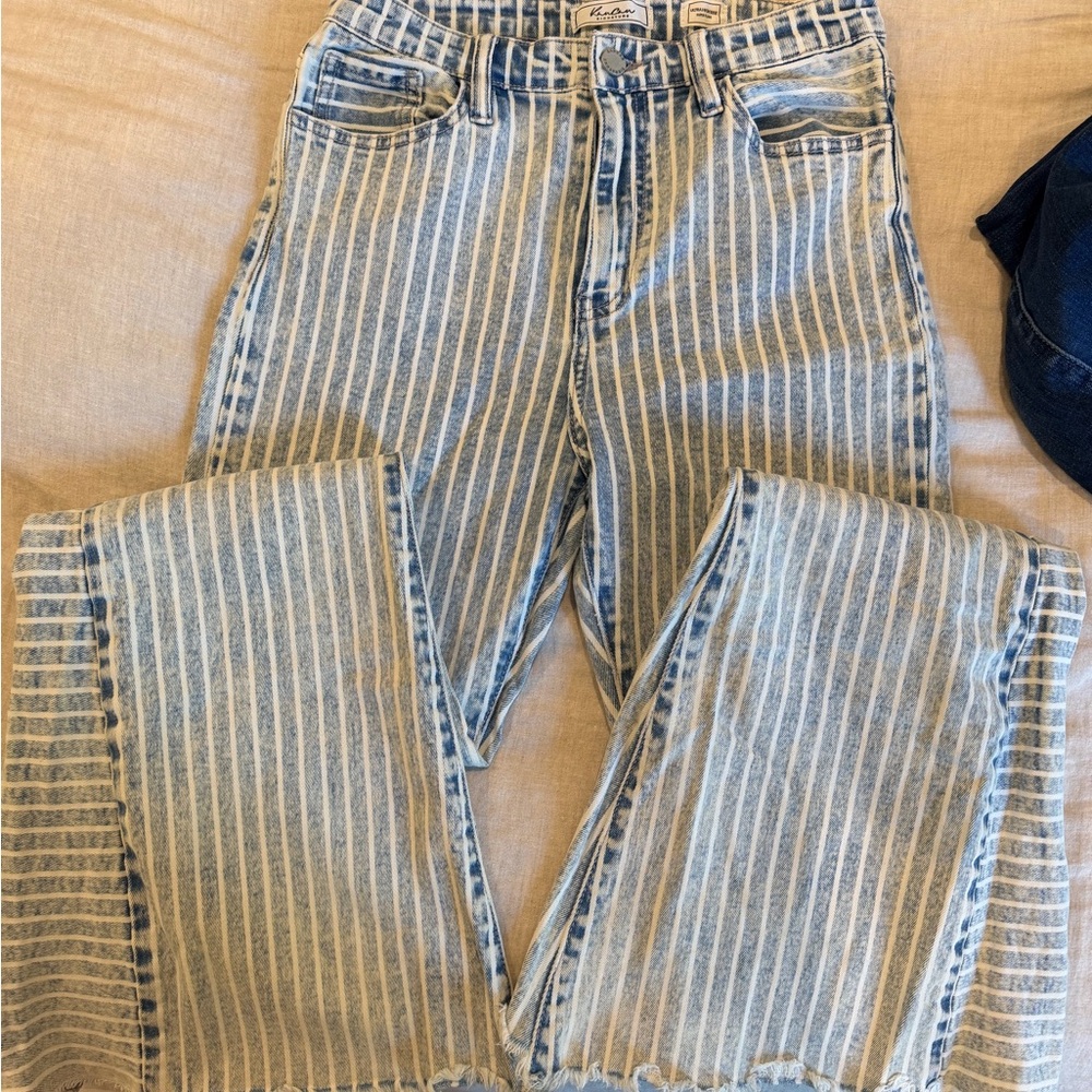 KanCan Blue and White Striped Flare Jeans